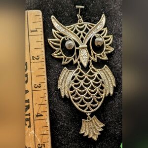 Vintage Gold Tone Articulated Owl Pendant - Large 5"x2.5"